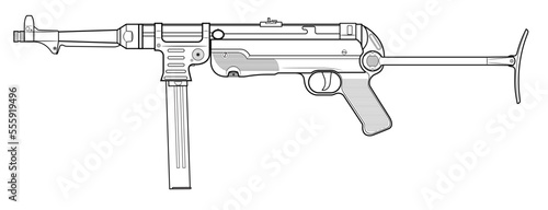 Vector illustration of the MP40 german machine gun with unfolded stock on the white background. Left side. photo