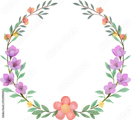 Flower wreath watercolor hand paint  Floral wreath with leaves frame  Cute hand drawn floral wreath watercolor clipart transparent png