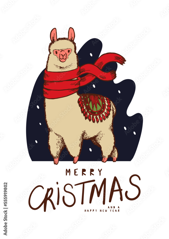 Christmas Lama in scarf in the wind. Merry Christmas cute pet typography card.