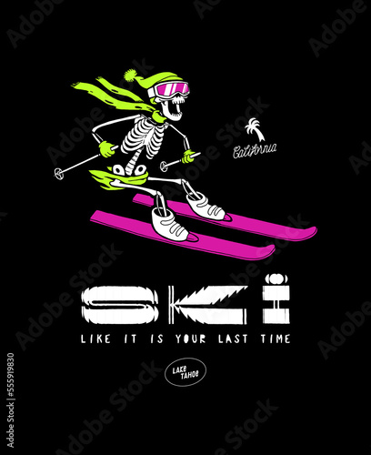 Skeleton ski. Bright colors funny skeleton in scarf riding skis downhill fast. Vintage typography silkscreen t-shirt print vector illustration.
