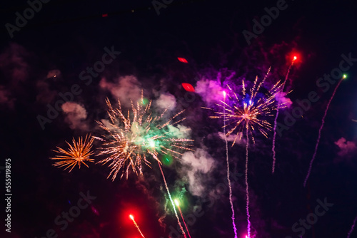 Beautiful multi-colored fireworks against the background of the night sky.