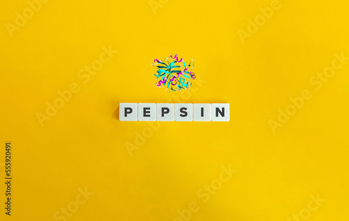 Pepsin Macromolecule and Banner. Letter Tiles on Yellow Background. Minimal Aesthetics. photo