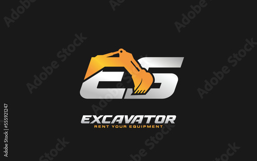 ES logo excavator for construction company. Heavy equipment template vector illustration for your brand.