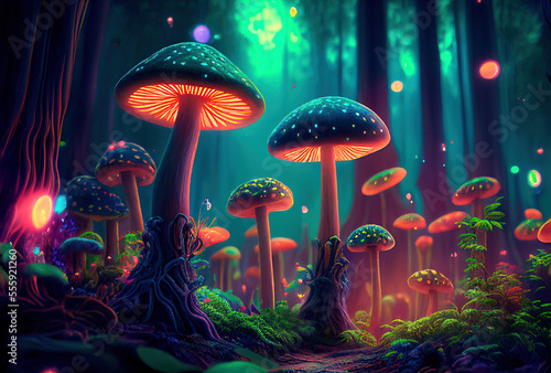 fantasy fairytale forest with mushrooms. Generative ai
