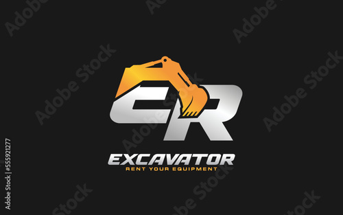 ER logo excavator for construction company. Heavy equipment template vector illustration for your brand.