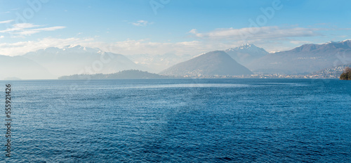 Panoramic view of Lake Maggiore at winter time from Laveno Mombello, Lombardy, Italy