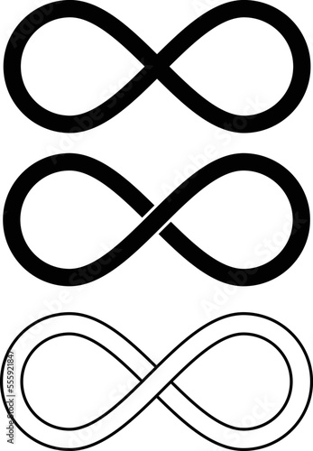 Infinity symbol in three styles. No overlap, overlap and outline. Editable stroke.
