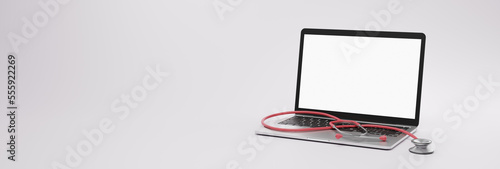 laptop with stethoscope with transparent screen for medical commercial purposes.