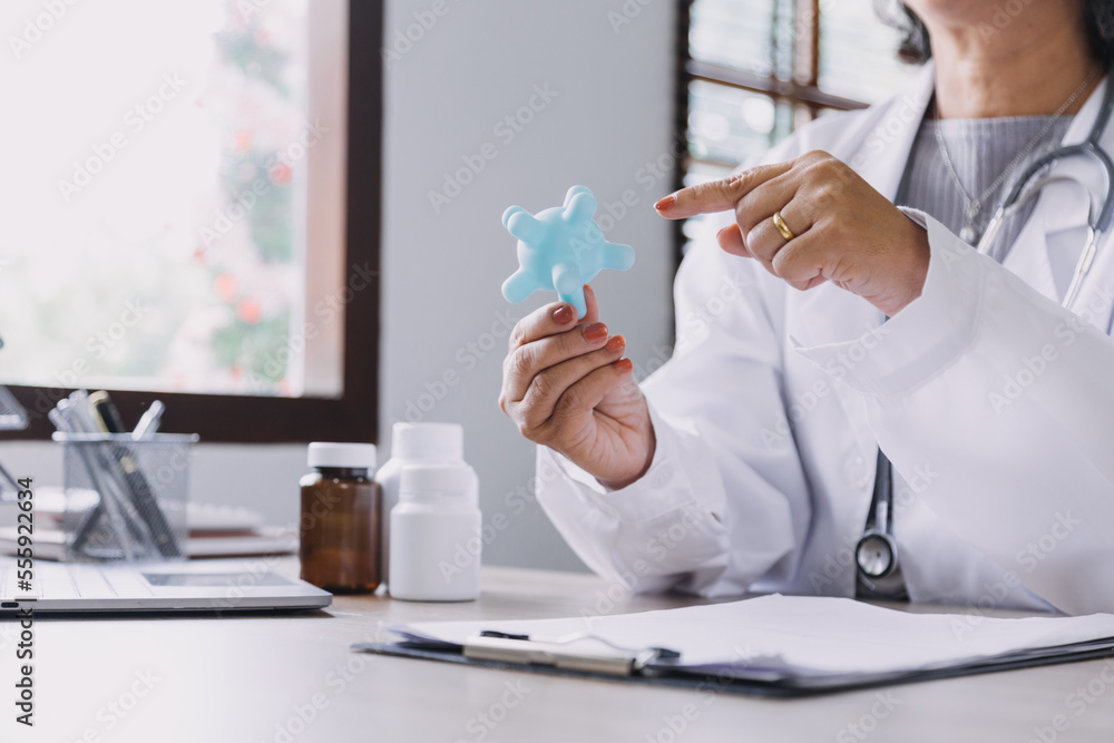 Fototapeta premium Homecare nursing service and elderly people cardiology healthcare. Close up of young hispanic female doctor nurse check mature caucasian man patient heartbeat using stethoscope during visit