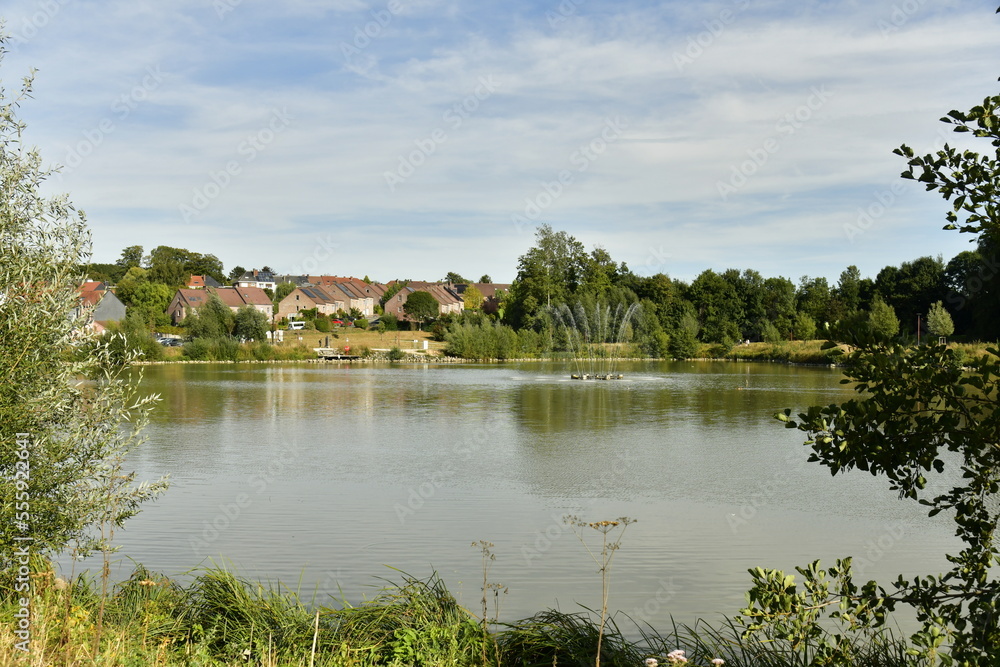 Obraz premium Le lac principal avec quelques lotissements résidentiels autour dissimulés derrière la végétation luxuriante du parc du Paradis à Braine l'Alleud en Brabant Wallon 