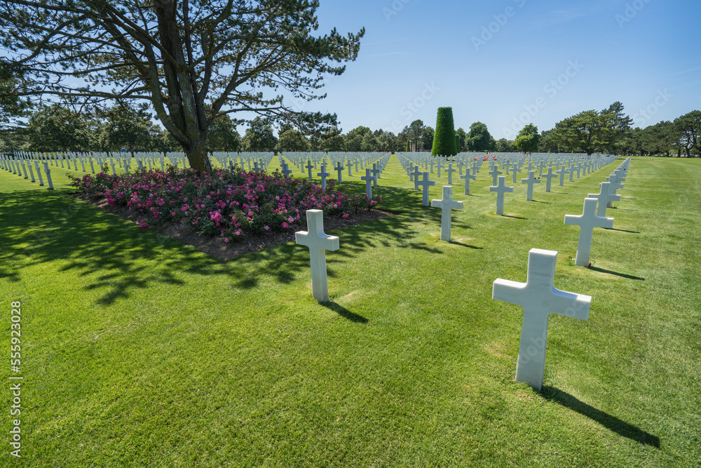 Low-angle view on a sunny day of the American Cemetery at Colleville-sur-Mer, Normandy, France, near to Omaha Beach, showing crosses, lawn, flowers and trees.