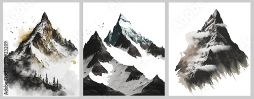 A mountain range with snowy peaks, rocky hills. High mountains with sharp peaks, gorges and steep slopes and birds above the mountains. Isolated on a white background layout poster wallpaper, brochure