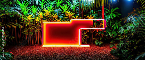 Generative AI illustration with geometric neon decoration in tropical garden photo