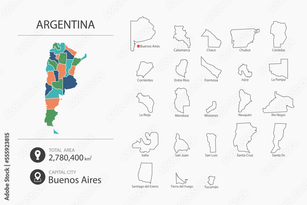 Map of Argentina with detailed country map. Map elements of cities, total areas and capital. Map of Argentina with detailed country map. Map elements of cities, total areas and capital.