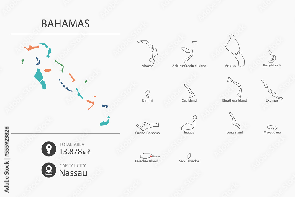 Map of Bahamas with detailed country map. Map elements of cities, total ...