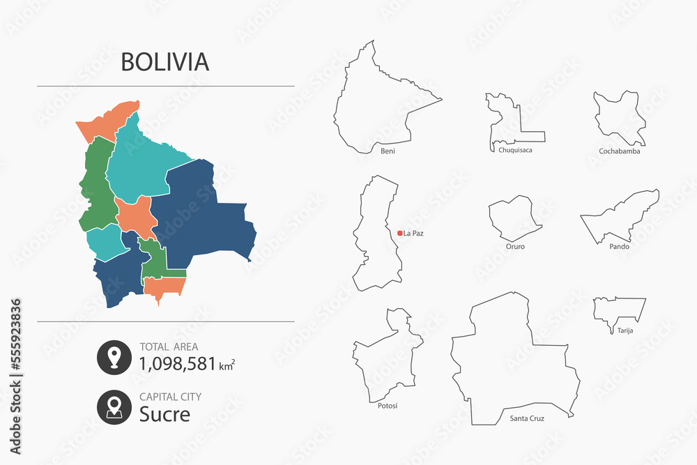 Map of Bolivia with detailed country map. Map elements of cities, total areas and capital.