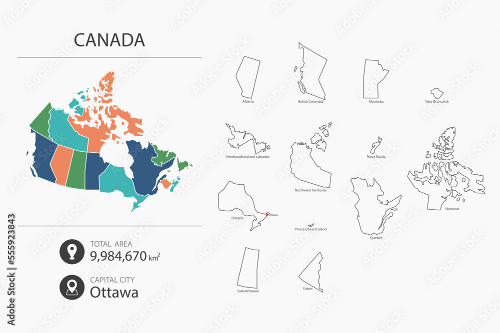 Map of Canada with detailed country map. Map elements of cities, total areas and capital.
