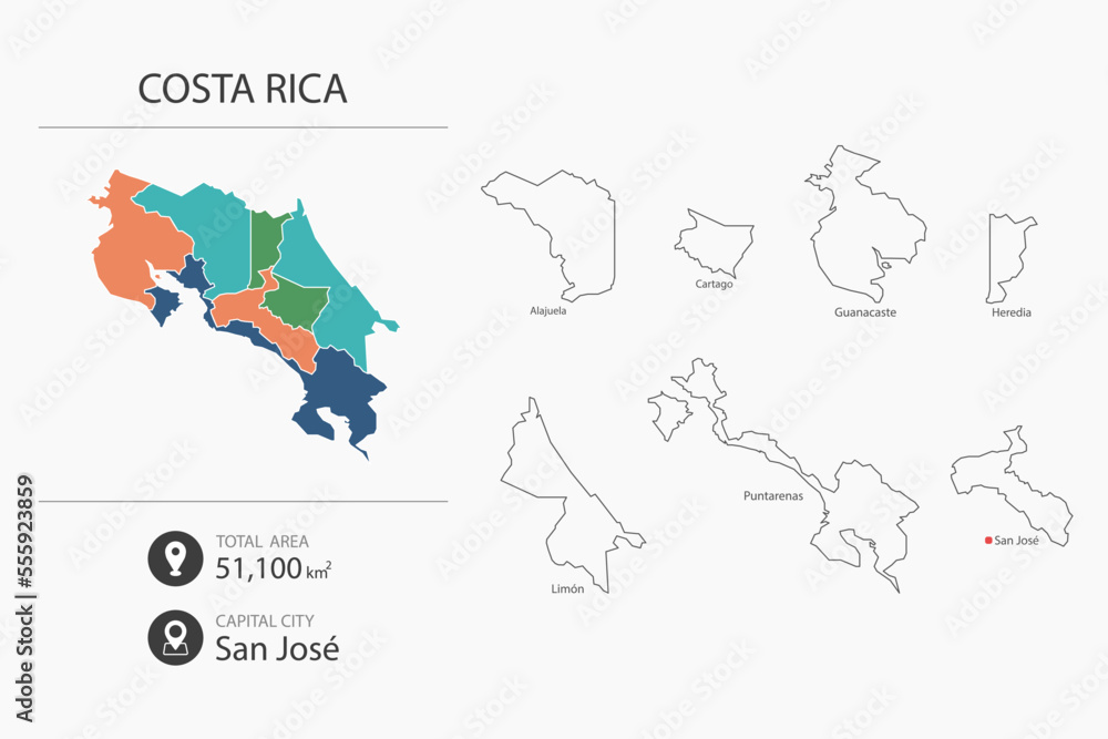 Map of Costa Rica with detailed country map. Map elements of cities ...