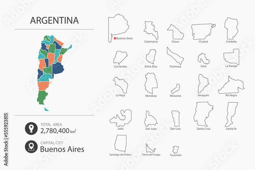 Map of Argentina with detailed country map. Map elements of cities, total areas and capital.
