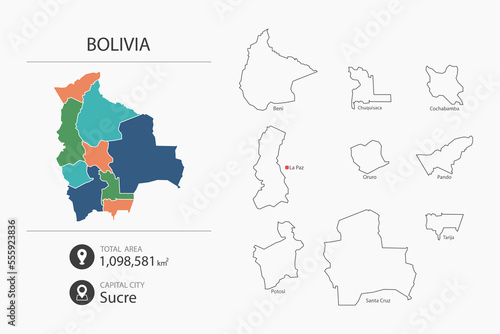 Map of Bolivia with detailed country map. Map elements of cities  total areas and capital.