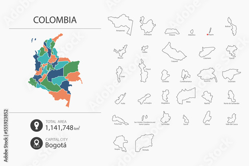 Map of Colombia with detailed country map. Map elements of cities, total areas and capital.