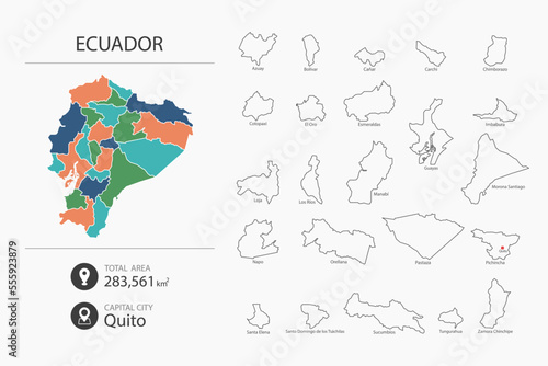 Map of Ecuador with detailed country map. Map elements of cities, total areas and capital.