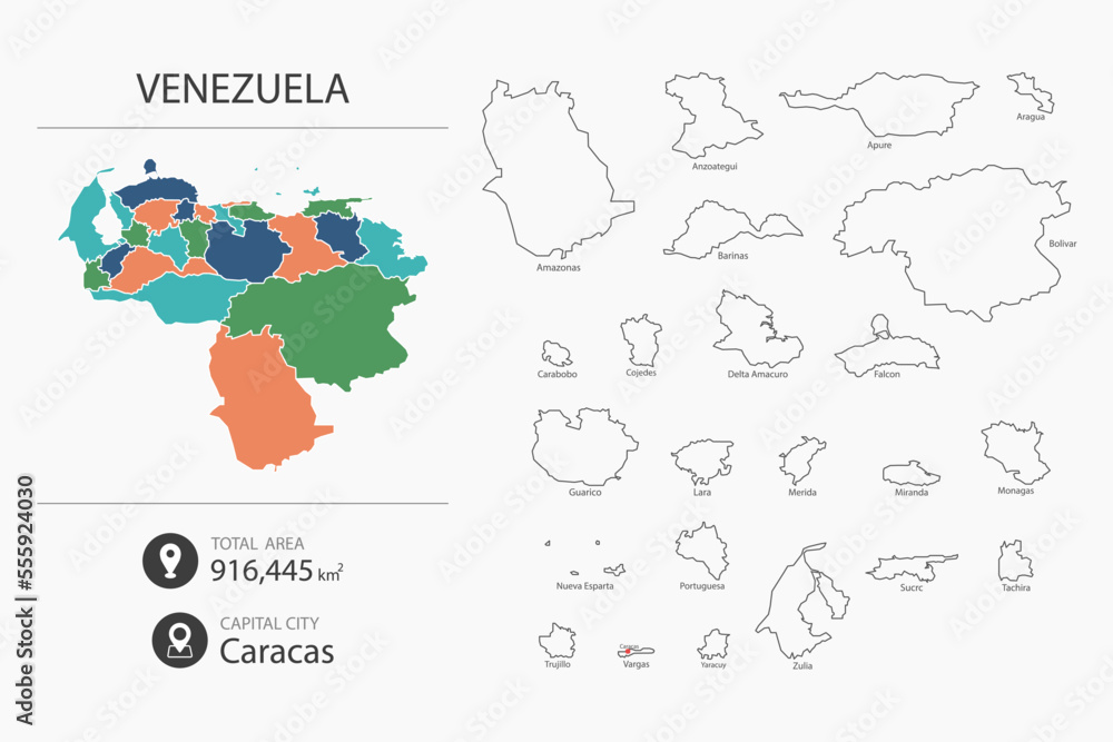 Fototapeta premium Map of Venezuela with detailed country map. Map elements of cities, total areas and capital.