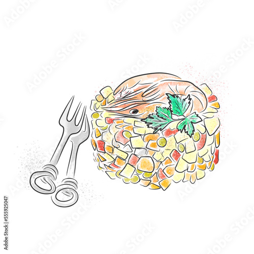 Festive Olivier salad, decorated with herbs and shrimps. Vector watercolor