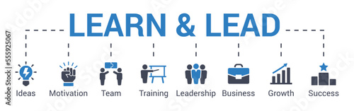 Banner learn and lead concept vector illustration with keywords and icons