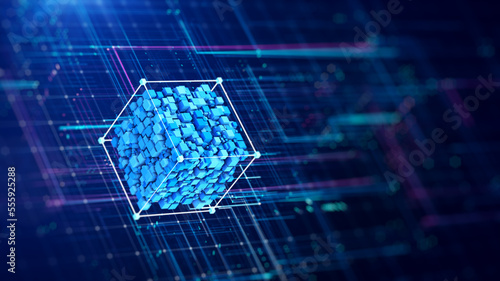 Blockchain technology concept. Small cubes gathered inside a large box on a dark blue background.