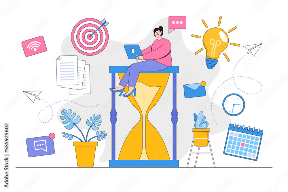 Time Management Filter Visual Rocks Flat huge sand glass for time management with business woman characters ...
