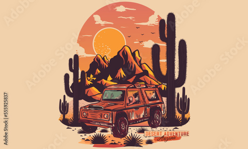 Wanderlust adventure print design. Desert vibes retro artwork for poster, sticker, apparel and others. Arizona Cactus vector t-shirt design.