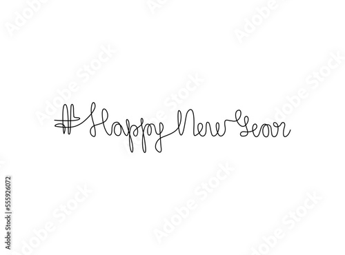 Happy New year lettering text for greeting card, Happy new year 2023, banner, invitation, neon, poster, flyers, marketing, emblem or logo design, continuous line drawing, isolated vector illustration.