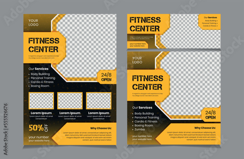 Set of Flyer Instagram Post and Facebook Cover template for Gym and fitness business, Banner Template Design for fitness, square post and cover banner vector eps 10