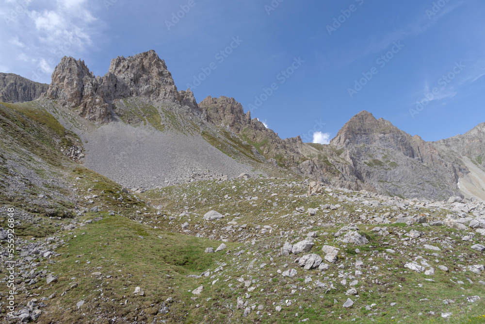 Rocky mountain peaks in Maira Valley mountains, Italian Cottian Alps Rocky mountain peaks in Maira Valley mountains, Italian Cottian Alps