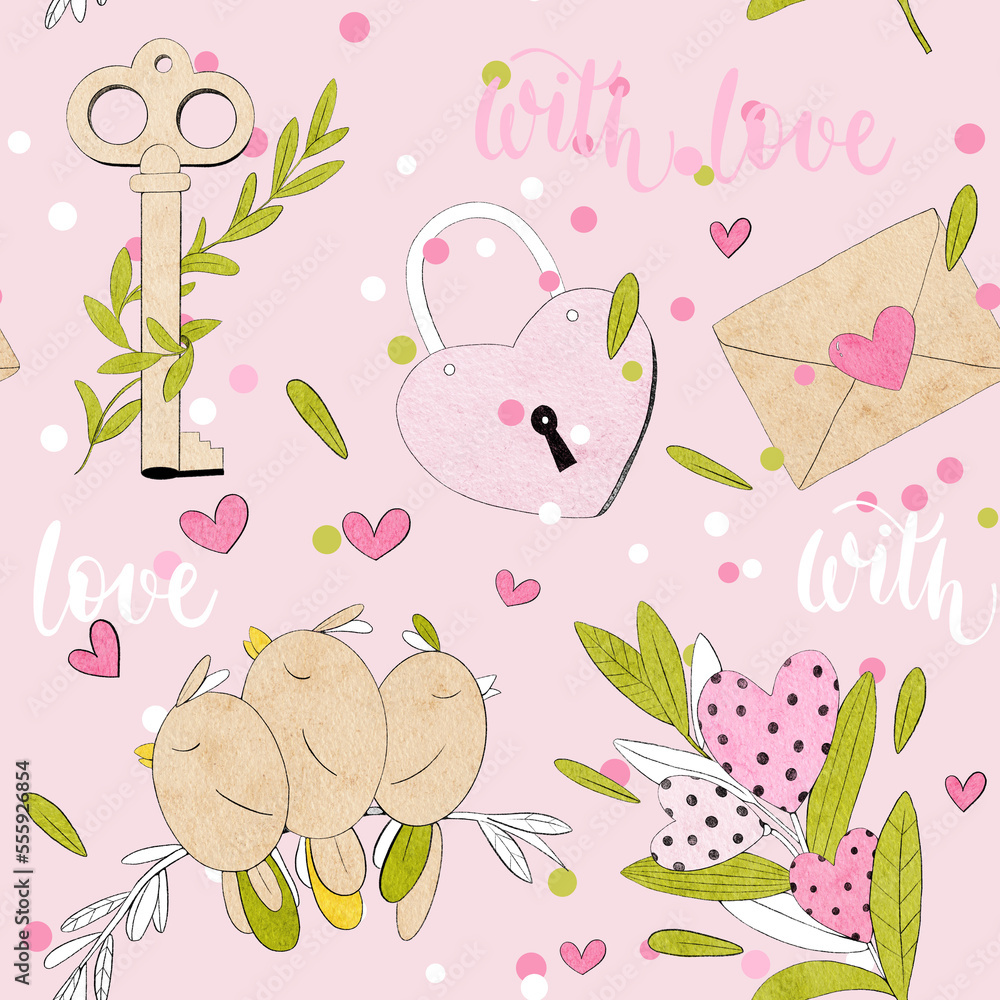 seamless pattern for Valentines day, with love text, illustration in watercolor seamless pattern for Valentines day, with love text, illustration in watercolor