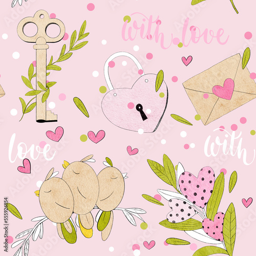 seamless pattern for Valentines day, with love text, illustration in watercolor