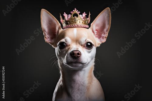 Cute chihuahua dog wearing pink crown on black background, generative ai