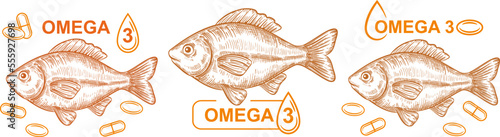 Fish oil Omega 3 vitamin pills capsule, seafood, medical polyunsaturated fatty acid tablet, diet sea food supplement outline icon set. Fat meat. Natural nutrition for health, beauty. Hand drawn vector