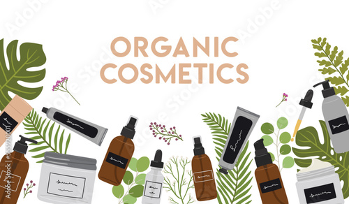 Vertical compositions with organic cosmetic products in bottles, jars, tubes for skin care with greenery. Cleanser, tonner, serum, cream product. Hand draw vector illustration