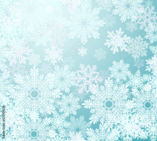 Winter Frosty Tracery Of Snowflakes On Green Background