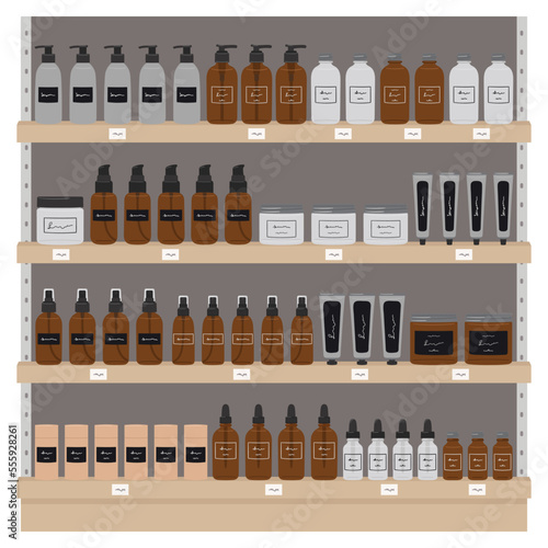 Set of recyclable bottles, jars and tubes with organic cosmetics, skin care products on shelves in supermarket. Set of cosmetic packaging. Serum, oil, cream and lotion. Hand draw vector illustration