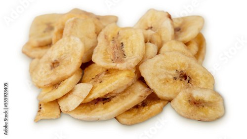 Slices of dried banana isolated on white background