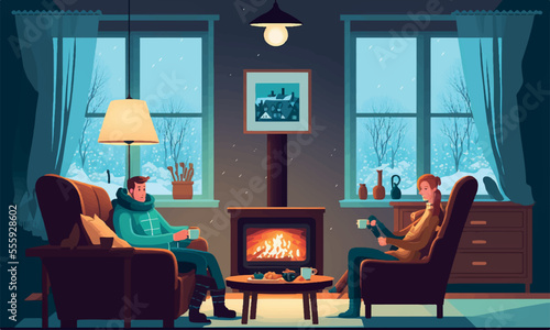 Warm and Cozy Winter  Vector Illustration Hygge Interior. Lantern, Candle Light, and a Mug of Tea at the Sofa by the Winter Window with Snowy Forest Landscape Outside. Generative AI.  