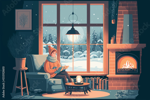 Warm and Cozy Winter  Vector Illustration Hygge Interior. Lantern, Candle Light, and a Mug of Tea at the Sofa by the Winter Window with Snowy Forest Landscape Outside. Generative AI. 