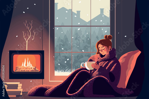 Warm and Cozy Winter  Vector Illustration Hygge Interior. Lantern, Candle Light, and a Mug of Tea at the Sofa by the Winter Window with Snowy Forest Landscape Outside. Generative AI. 