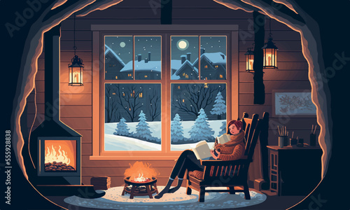 Warm and Cozy Winter  Vector Illustration Hygge Interior. Lantern, Candle Light, and a Mug of Tea at the Sofa by the Winter Window with Snowy Forest Landscape Outside.  Generative AI.