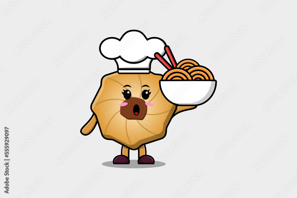 Naklejka premium Cute cartoon Cookies chef character holding noodles in bowl flat cartoon style illustration
