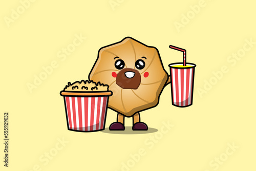 Cute cartoon Cookies with popcorn and drink ready to watching film in cinema