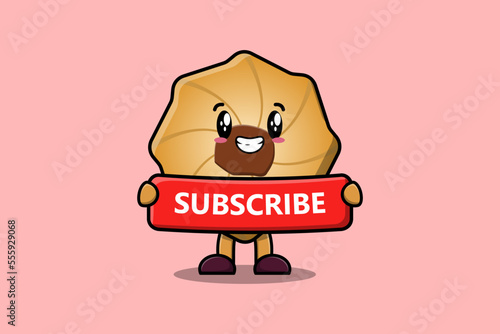 Cute cartoon Cookies character holding red subscribe board